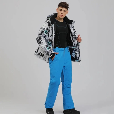 Mens Waterproof Printed Ski Jccket & Blue Pants 2 Pieces-US ONLY