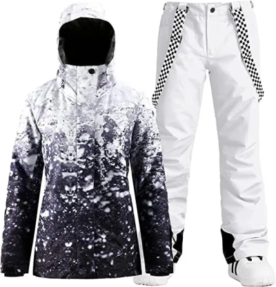Matched Ski Jacket and Bibs Pants Set Female Colorful Prints Skiwear