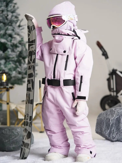 Kids Purple One-piece Snowsuits Windproof Ski Outfits