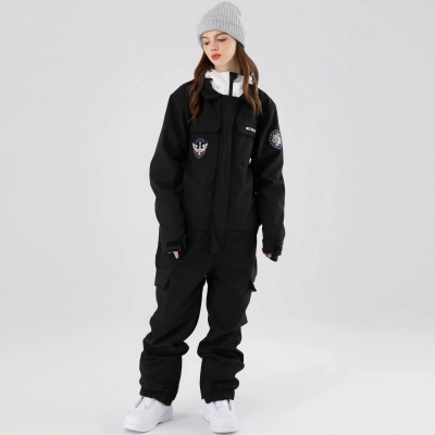 Women One Piece Ski Suits Hooded Cargo Ski Jumpsuits