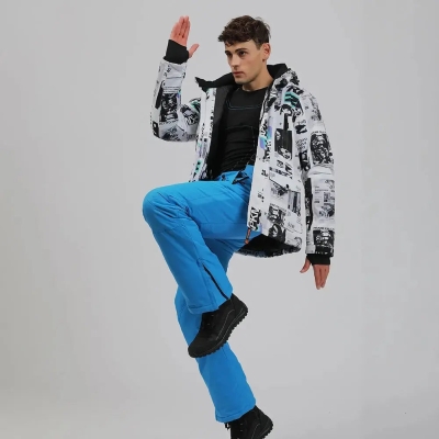 Mens Waterproof Printed Ski Suits 2 Pieces Snowsuits Set