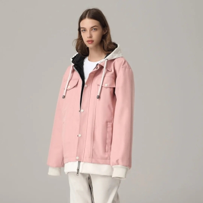 Unisex Contrast Hood Ski Jacket Multi-pocket Button-up Snowwear