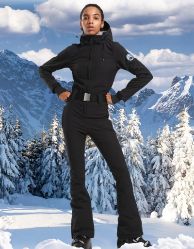 Women Hooded One Piece Ski Jumpsuits Belted Slim Fit Snowsuits Top Level