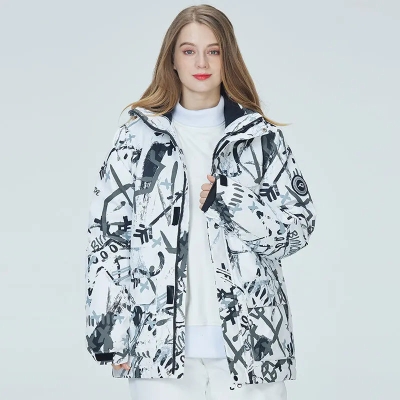 Matching Couple Graffiti Print Hooded Ski Cargo Jacket
