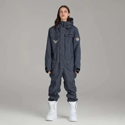 Women Hooded Denim Ski Jumpsuits Downhill One-piece Snowsuit