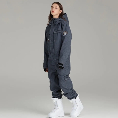 Women Hooded Denim Ski Jumpsuits Downhill One-piece Snowsuit