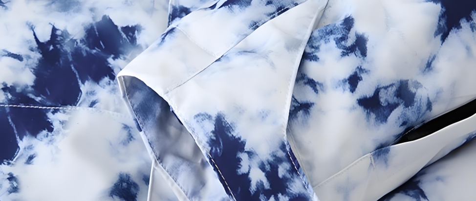 Close-up of a blue and white patterned Zumakings garment