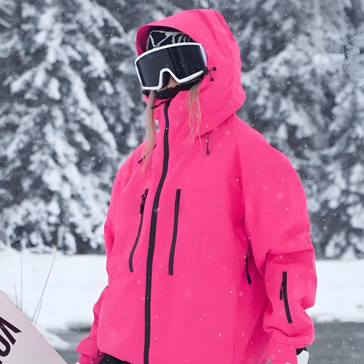 Pink hooded ski jacket on a snowy day