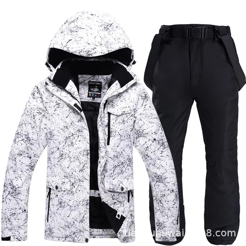 Unisex Marble Pattern Hooded Snowboard Ski Jacket and Pants Set