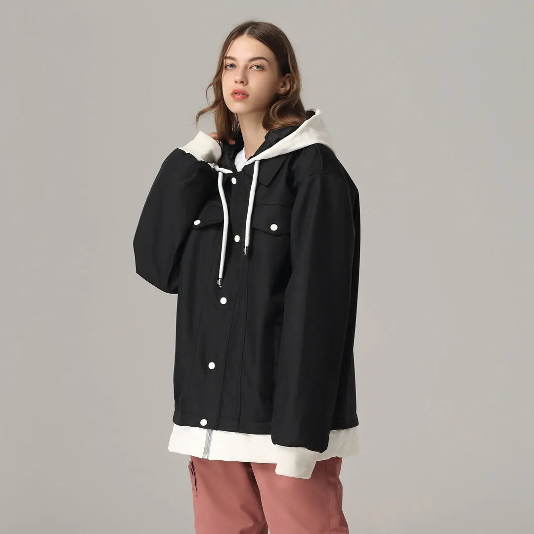 Unisex Contrast Hood Ski Jacket Multi-pocket Button-up Snowwear
