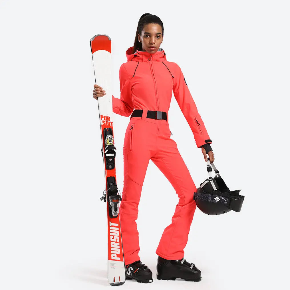 Women Hooded One Piece Ski Jumpsuits Belted Slim Fit Snowsuits Top Level
