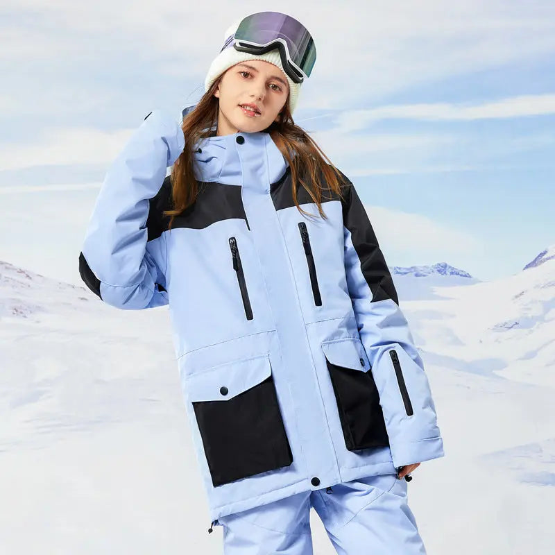 Women Hooded Snowboard Jacket Cargo Pockets Ski Coat