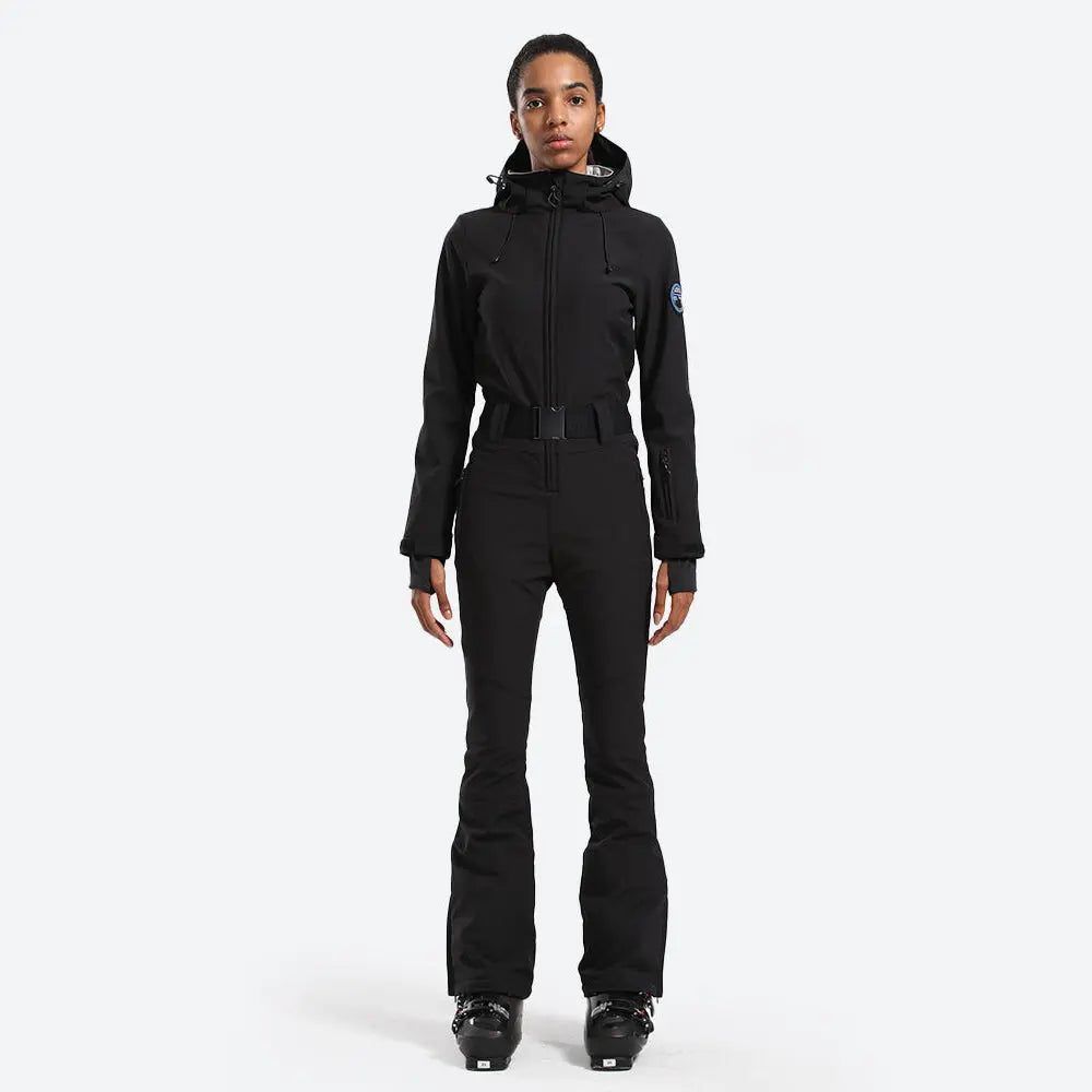 Women Hooded One Piece Ski Jumpsuits Belted Slim Fit Snowsuits Top Level