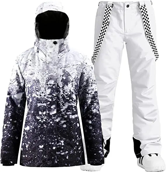 Matched Ski Jacket and Bibs Pants Set Female Colorful Prints Skiwear