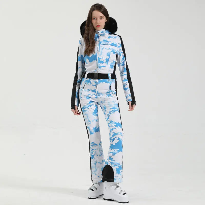 Unique Printed One-piece Ski Rompers Fur Hooded Snowsuits