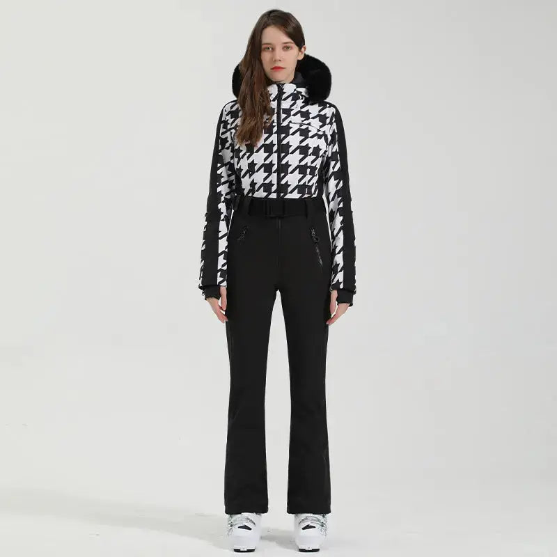 Women Chic One-piece Ski Jumpsuits Houndstooth Snow Outfits&nbsp;