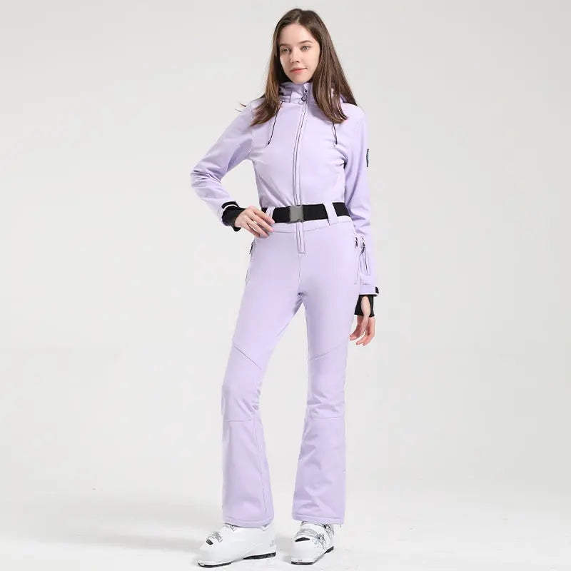 Women Hooded One Piece Ski Jumpsuits Belted Slim Fit Snowsuits Top Level