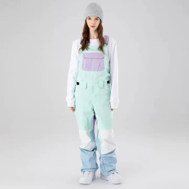 Cool Women Color Block Ski Overall Bib Pants With Adjustable Strap
