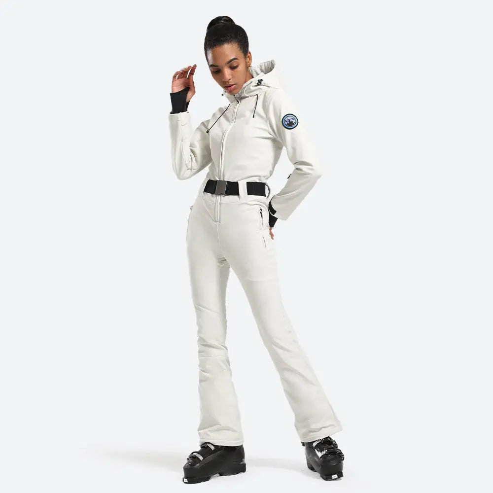 Women Hooded One Piece Ski Jumpsuits Belted Slim Fit Snowsuits Top Level