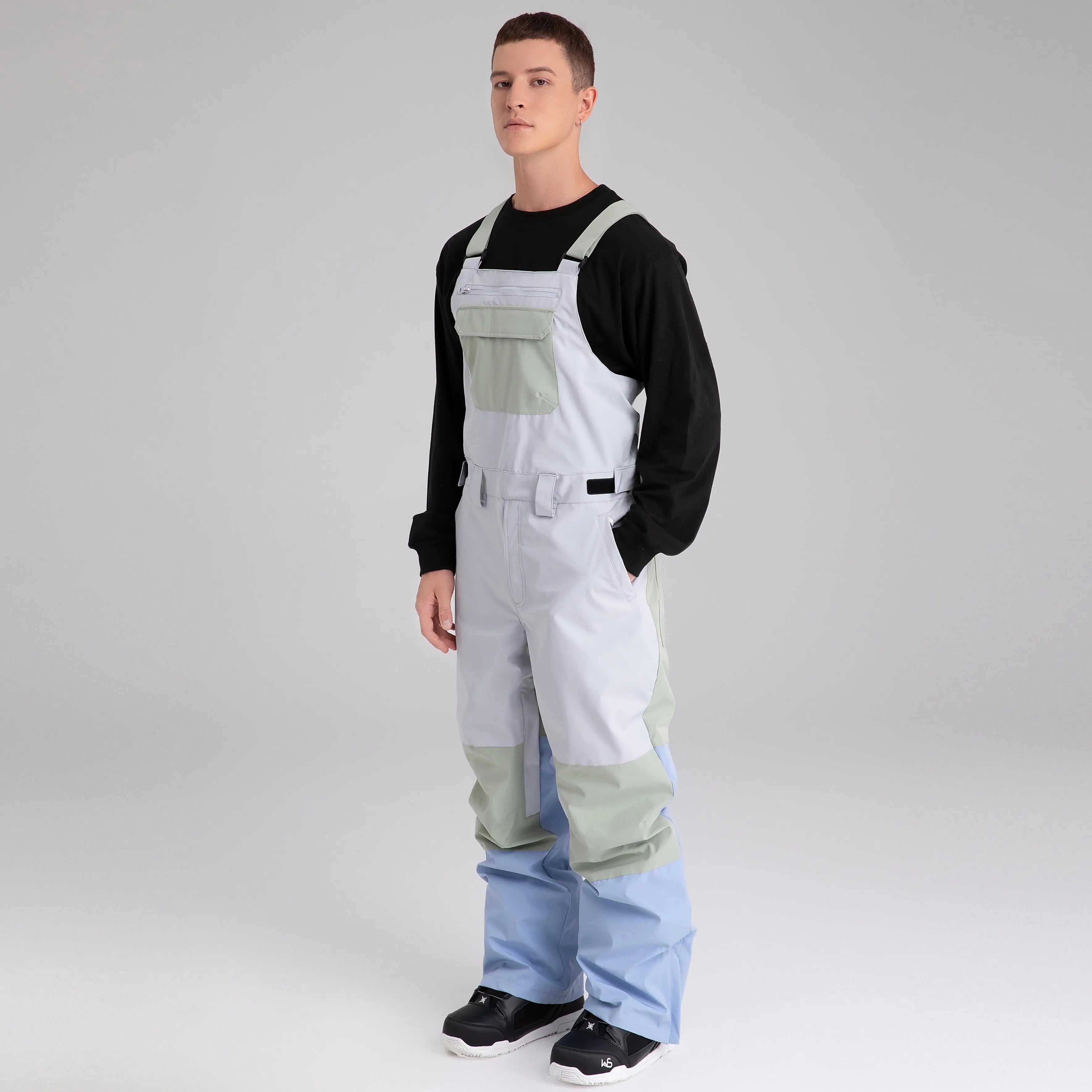 Adult Color Block Ski Overalls Bib Pants With Adjustable Strap