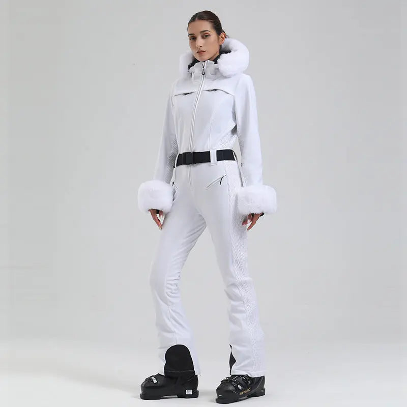 Chic Faux-Fur Hood One-piece Snowsuits Slim Fit Ski Jumpsuits