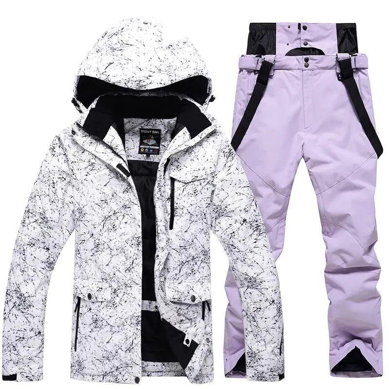Women Snowboard Ski Jacket and Pants Set Marble Pattern