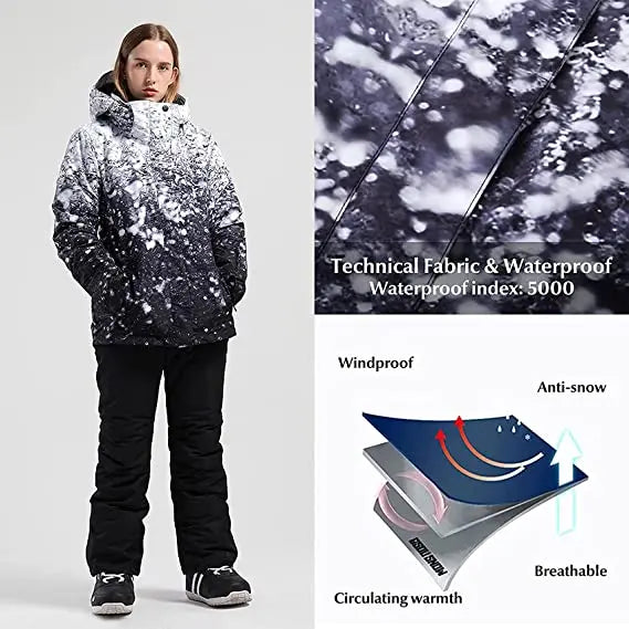 Matched Ski Jacket and Bibs Pants Set Female Colorful Prints Skiwear