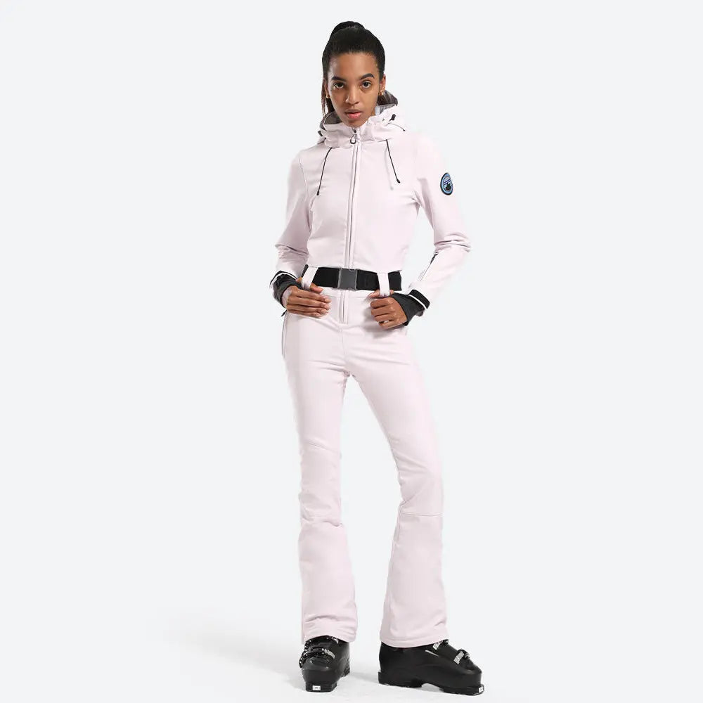 Women Hooded One Piece Ski Jumpsuits Belted Slim Fit Snowsuits Top Level