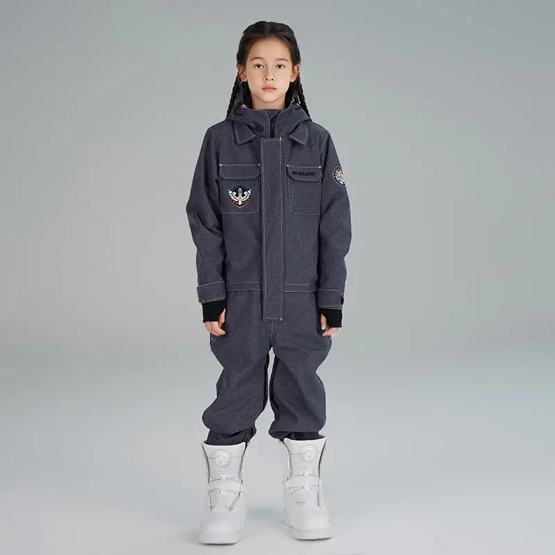 Kids' Demin One Piece Ski Jumpsuits Waterproof Hooded Snowsuits