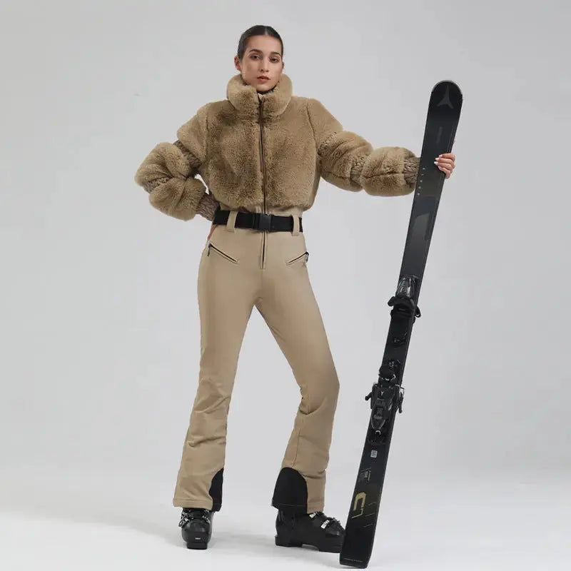 Ladies Tight One-piece Ski Jumpsuits High Pile Fleece Snowsuits