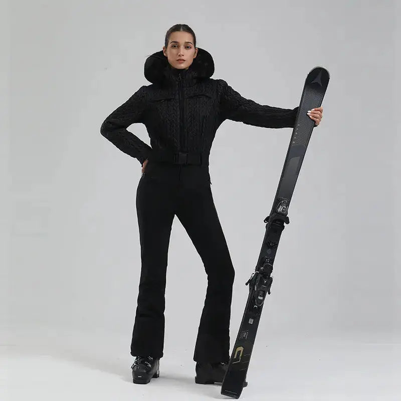 Extremely Warm One-piece Snowsuits Women Hooded Fur Collar Ski Wear