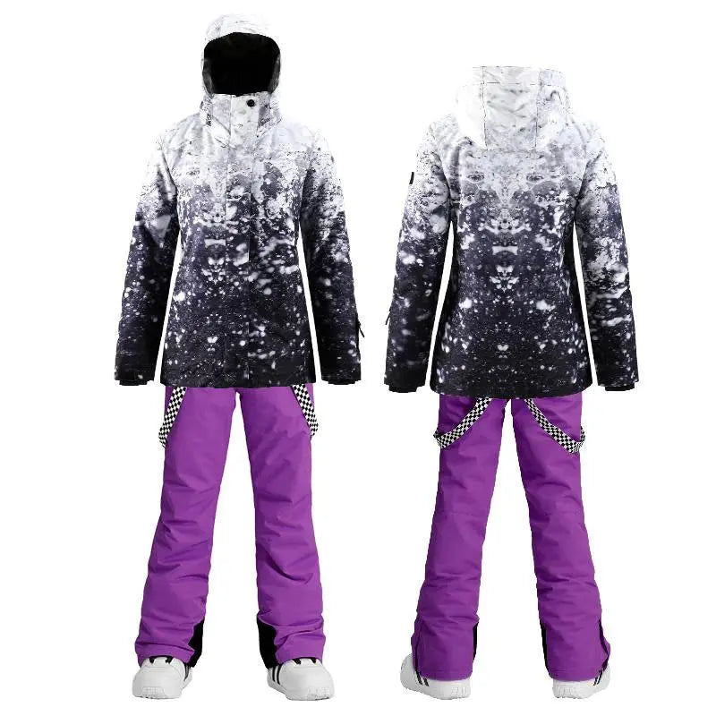 Matched Ski Jacket and Bibs Pants Set Female Colorful Prints Skiwear