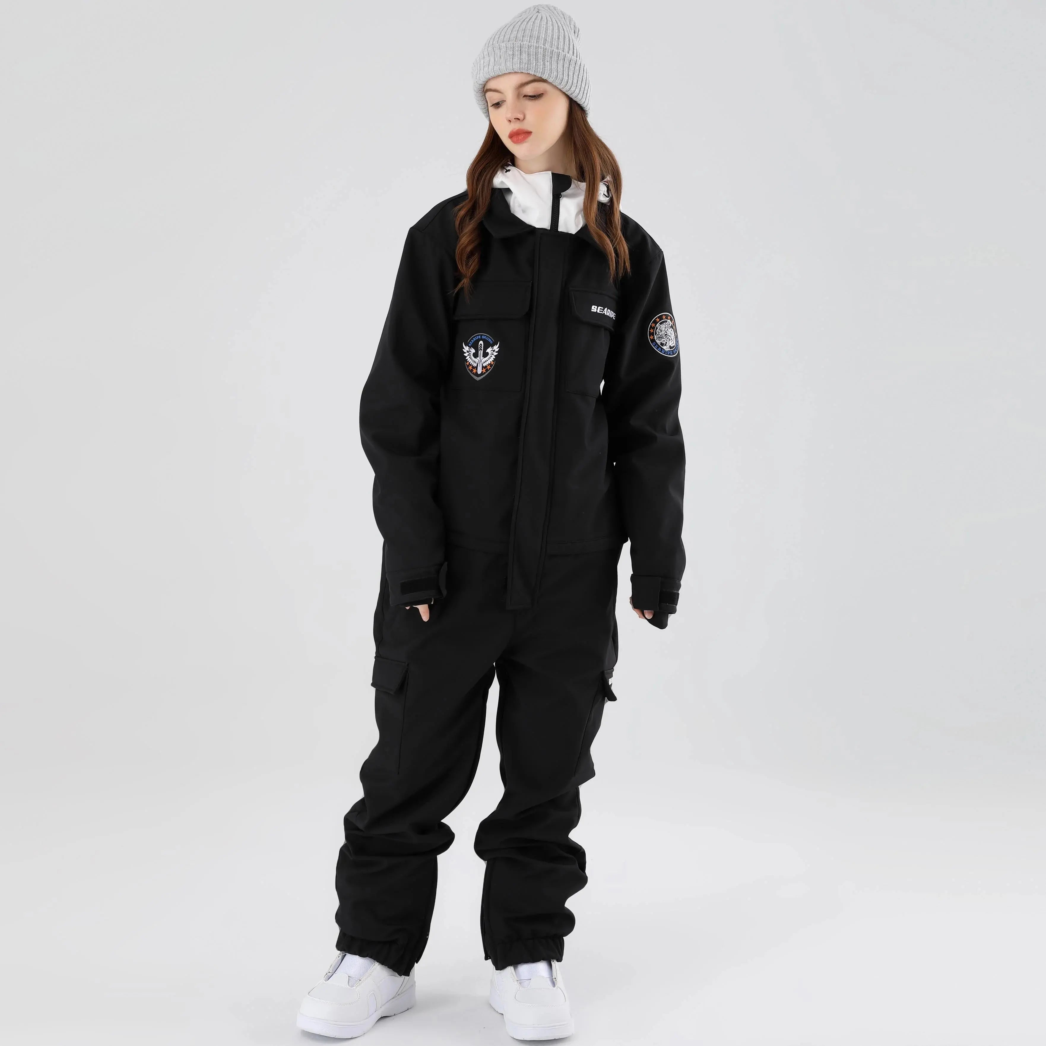 Women One Piece Ski Suits Hooded Cargo Ski Jumpsuits