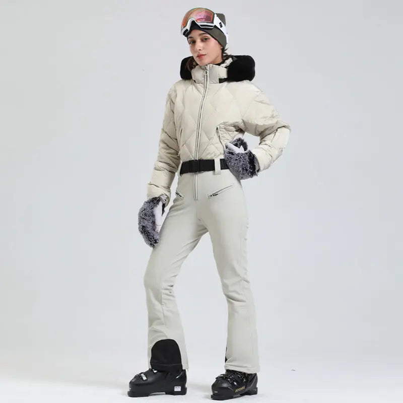 Women Chic One-piece Down Snowsuits Slim Fit Ski Outwear