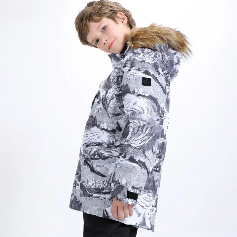 Kids Printed Hooded Snow Ski Insulated Jacket Fur Collar