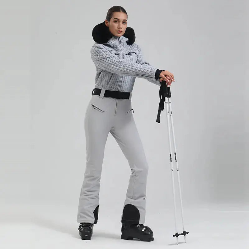 Extremely Warm One-piece Snowsuits Women Hooded Fur Collar Ski Wear