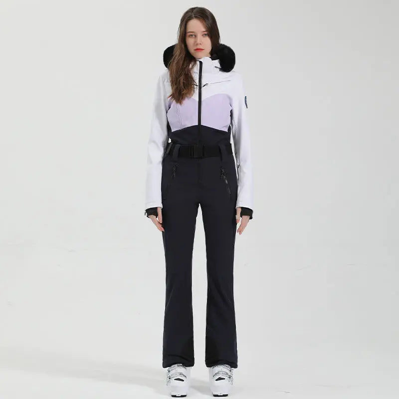 Women's One Piece Ski Suits Fur Collar Snow Jumpsuits
