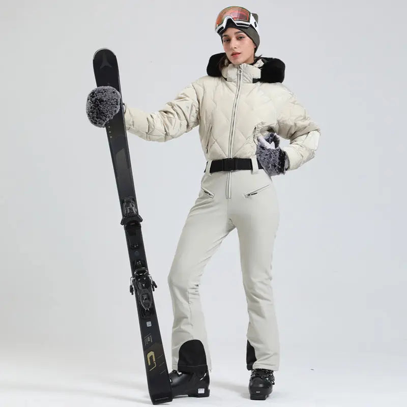 Women Chic One-piece Down Snowsuits Slim Fit Ski Outwear