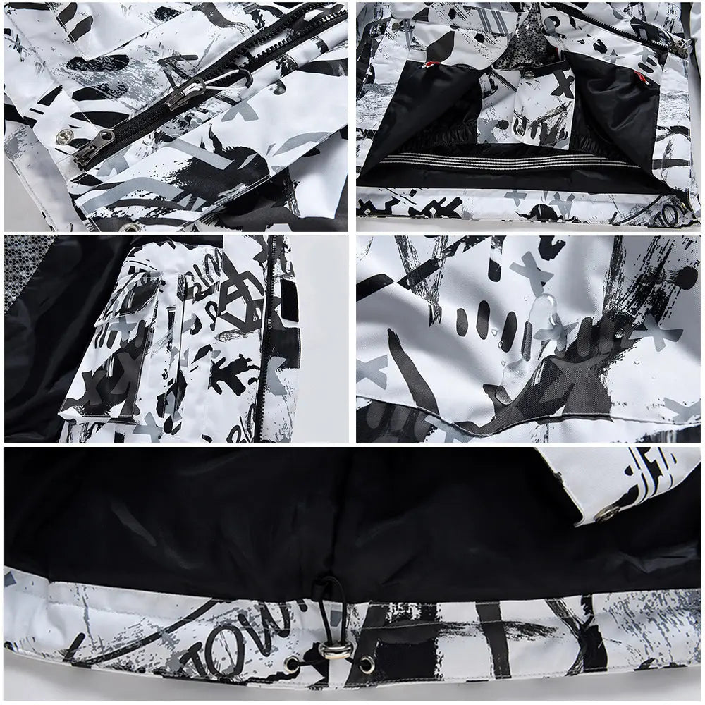 Matching Couple Graffiti Print Hooded Ski Cargo Jacket