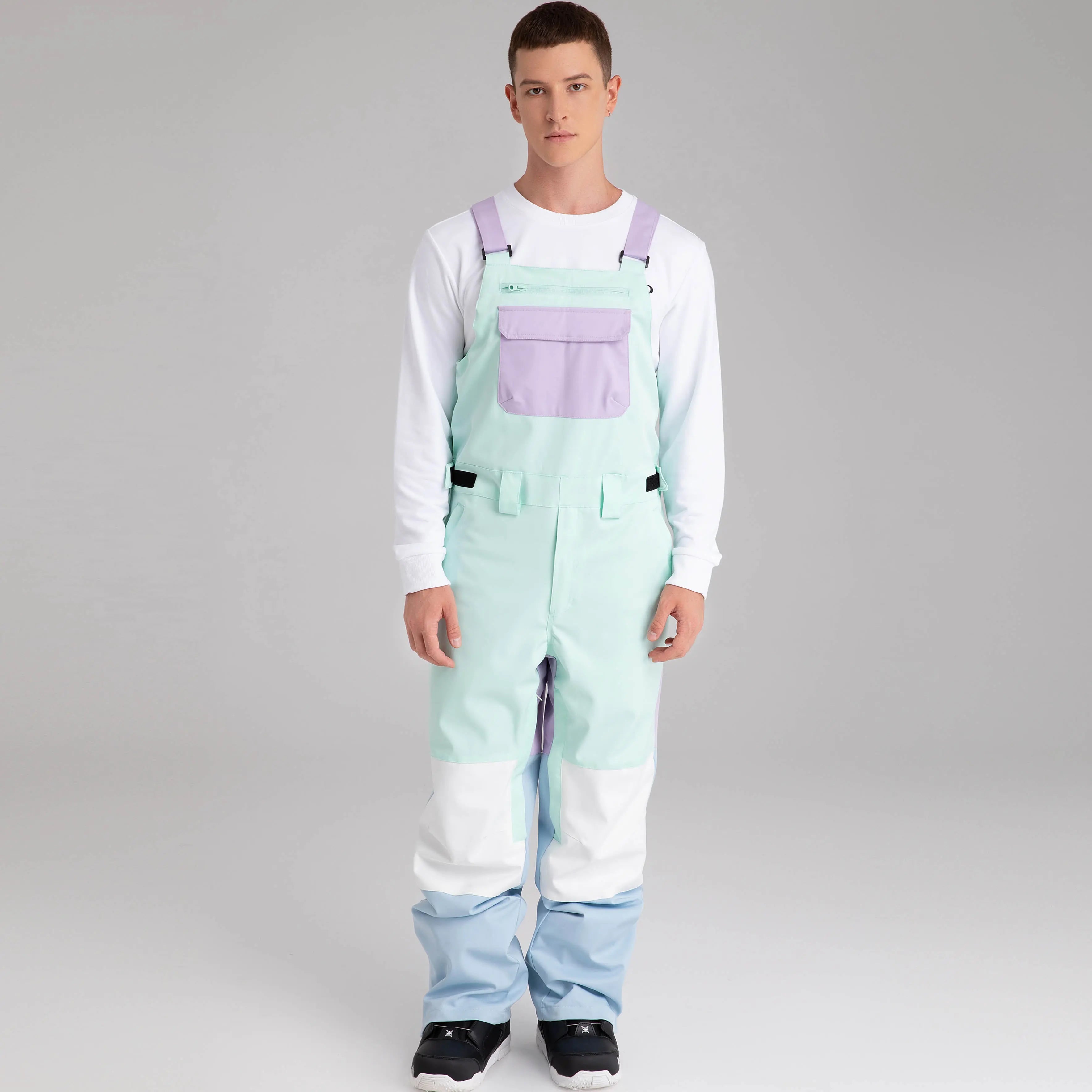 Adult Color Block Ski Overalls Bib Pants With Adjustable Strap