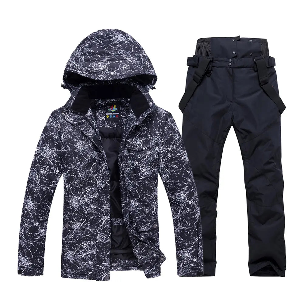 Unisex Marble Pattern Hooded Snowboard Ski Jacket and Pants Set