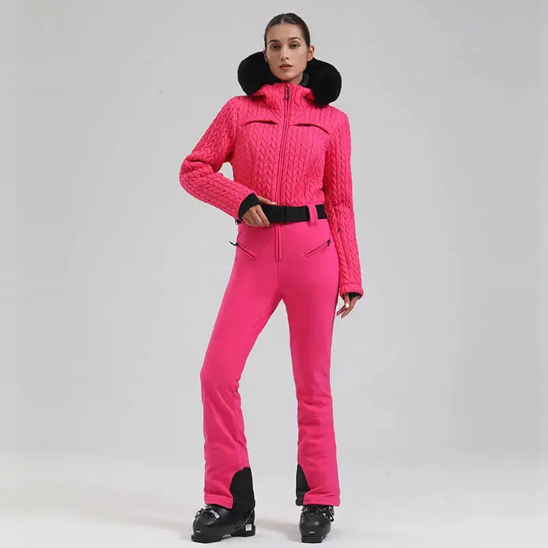 Extremely Warm One-piece Snowsuits Women Hooded Fur Collar Ski Wear