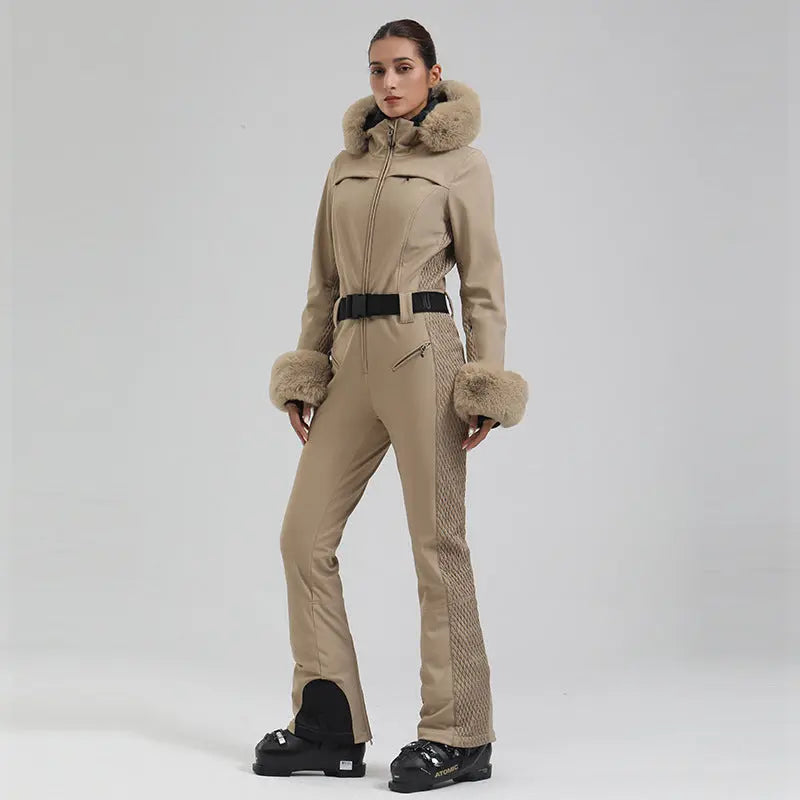 Chic Faux-Fur Hood One-piece Snowsuits Slim Fit Ski Jumpsuits