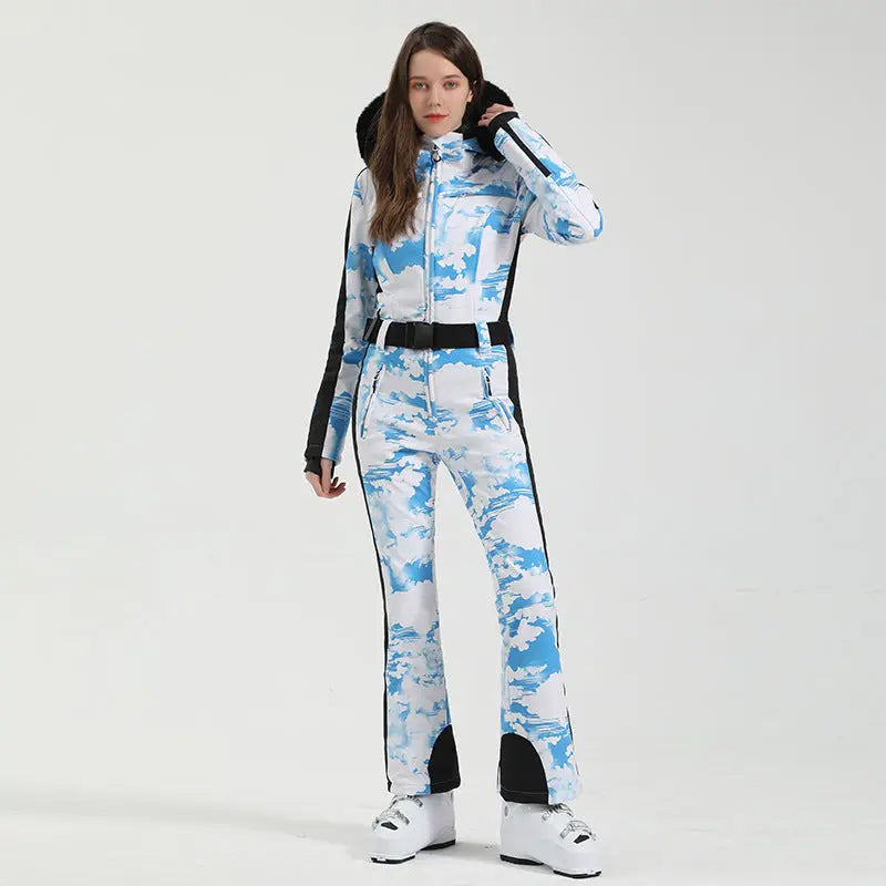 Unique Printed One-piece Ski Rompers Fur Hooded Snowsuits