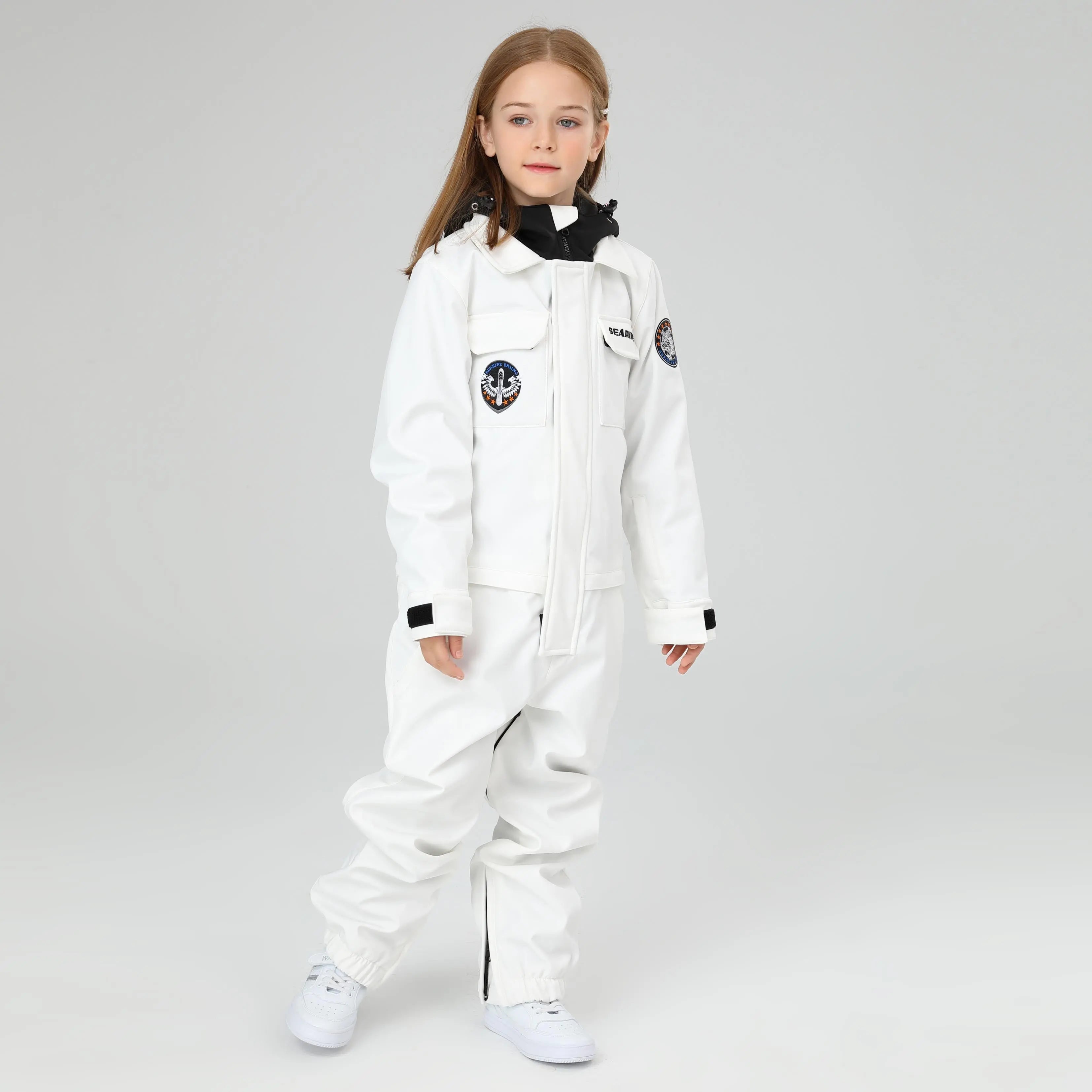 HOTIAN Girls Contrast Hooded Cargo One Piece Ski Jumpsuit With Side Zip