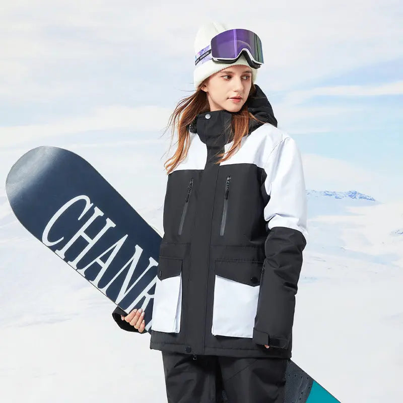 Women Hooded Snowboard Jacket Cargo Pockets Ski Coat