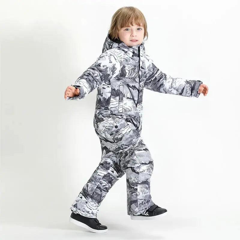 Kids Printed One Piece Ski Suit Outdoor Winter Snowsuits