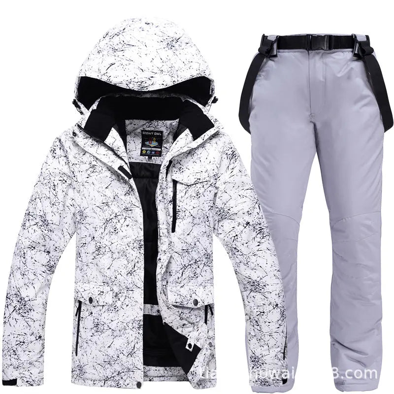 Unisex Marble Pattern Hooded Snowboard Ski Jacket and Pants Set