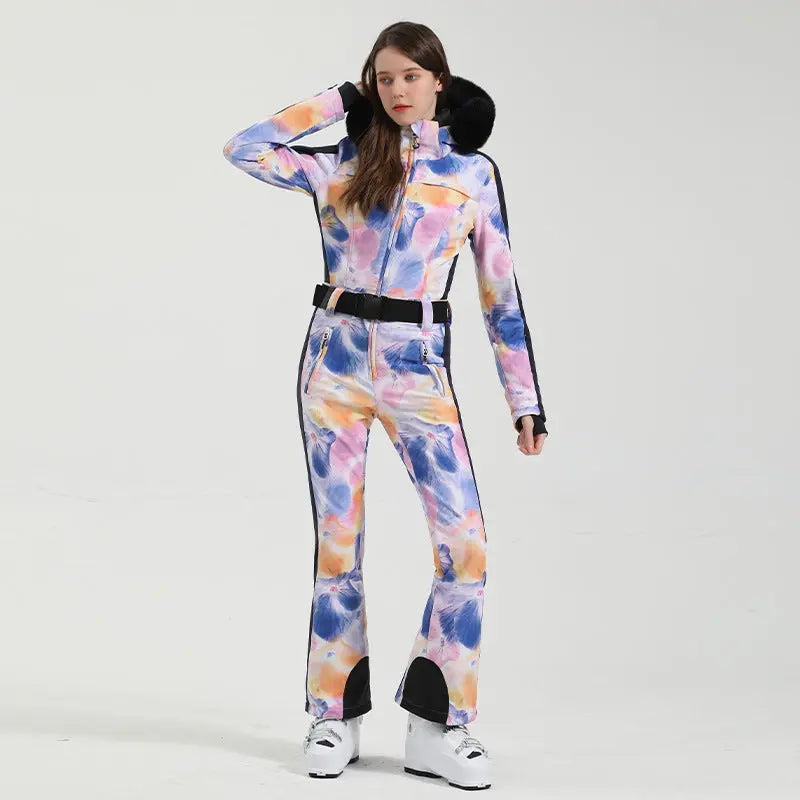 Unique Printed One-piece Ski Rompers Fur Hooded Snowsuits