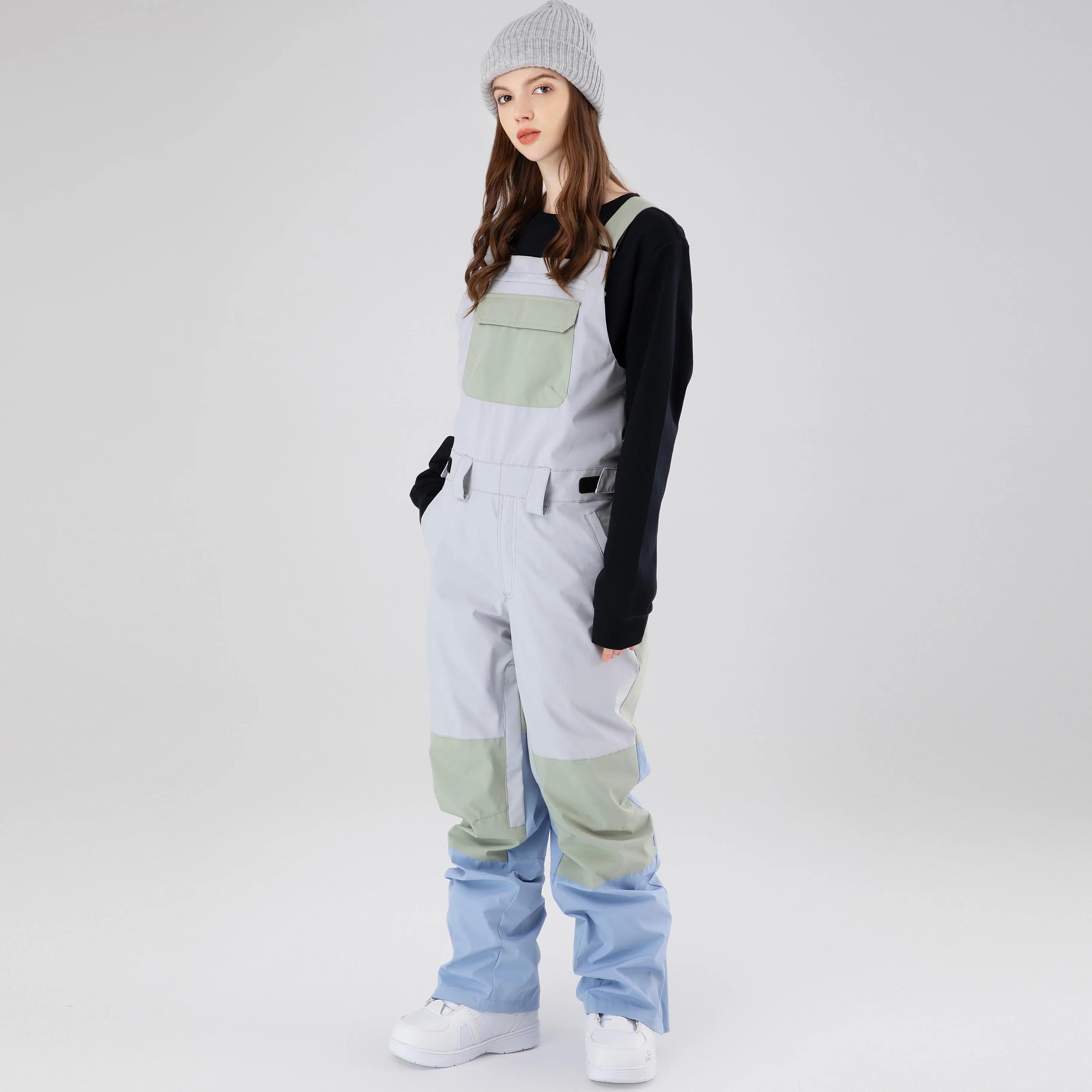 Cool Women Color Block Ski Overall Bib Pants With Adjustable Strap